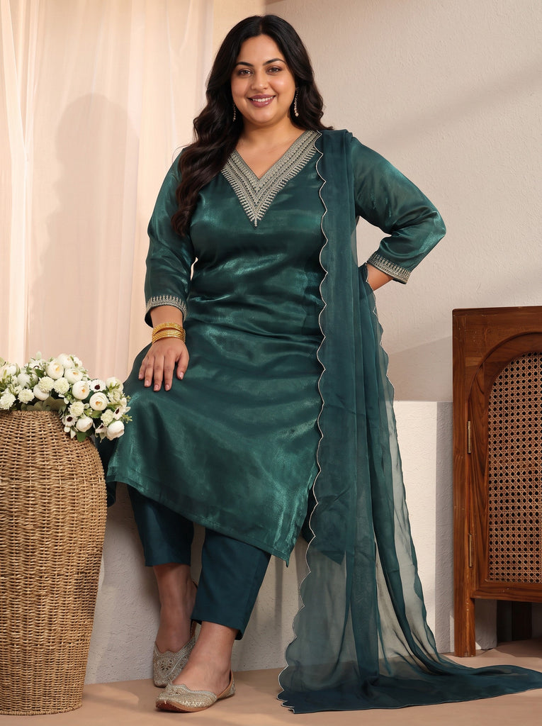Plus Size Teal Yoke Design Tissue Straight Suit Set