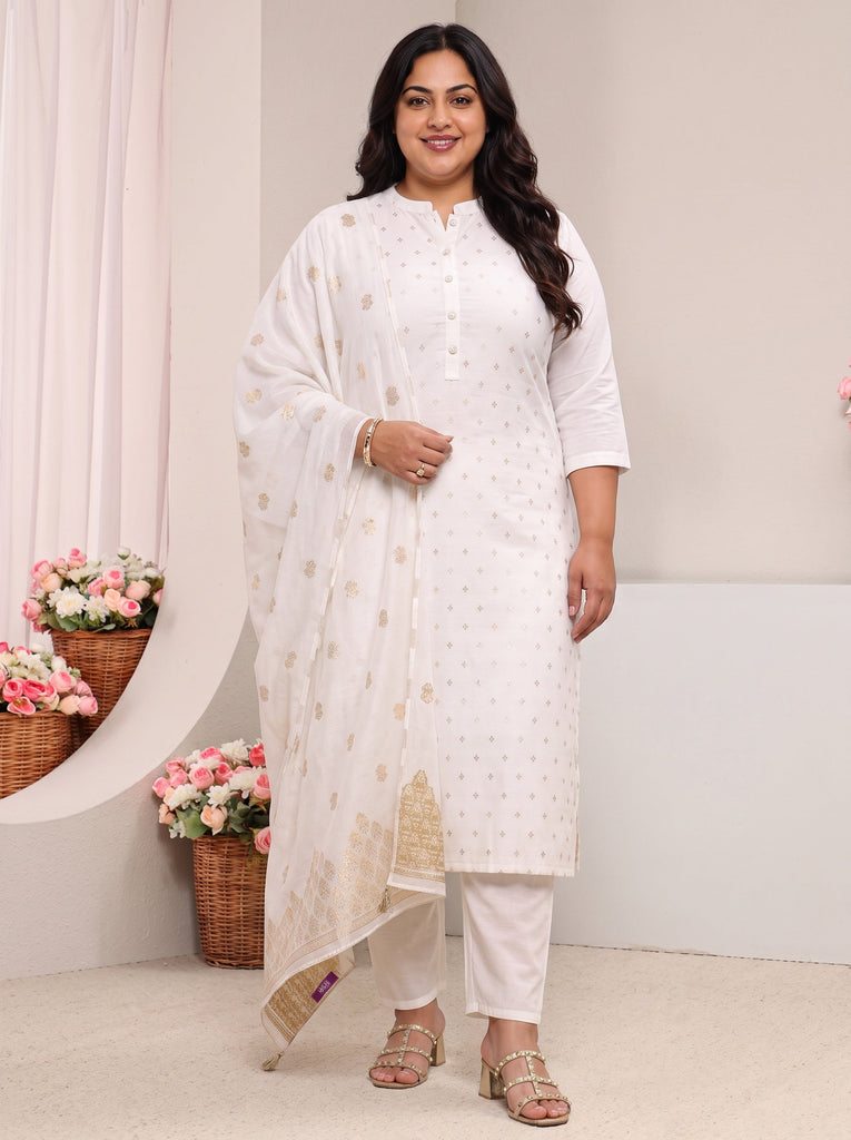 Plus Size White Ethnic Woven Design Chanderi Silk Straight Suit Set With Dupatta