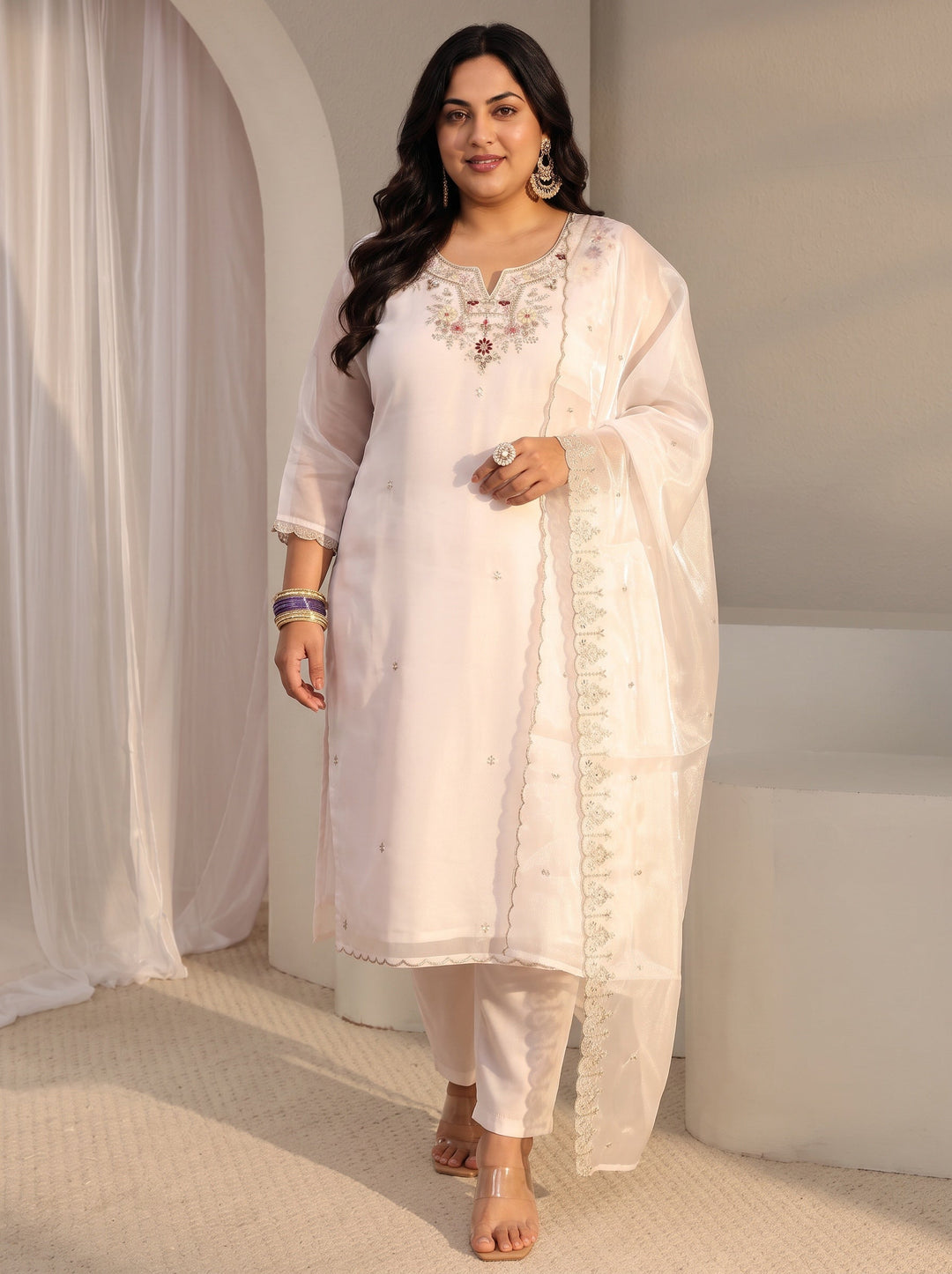 Plus Size White Floral Embroidered Tissue Straight Suit Set With Dupatta