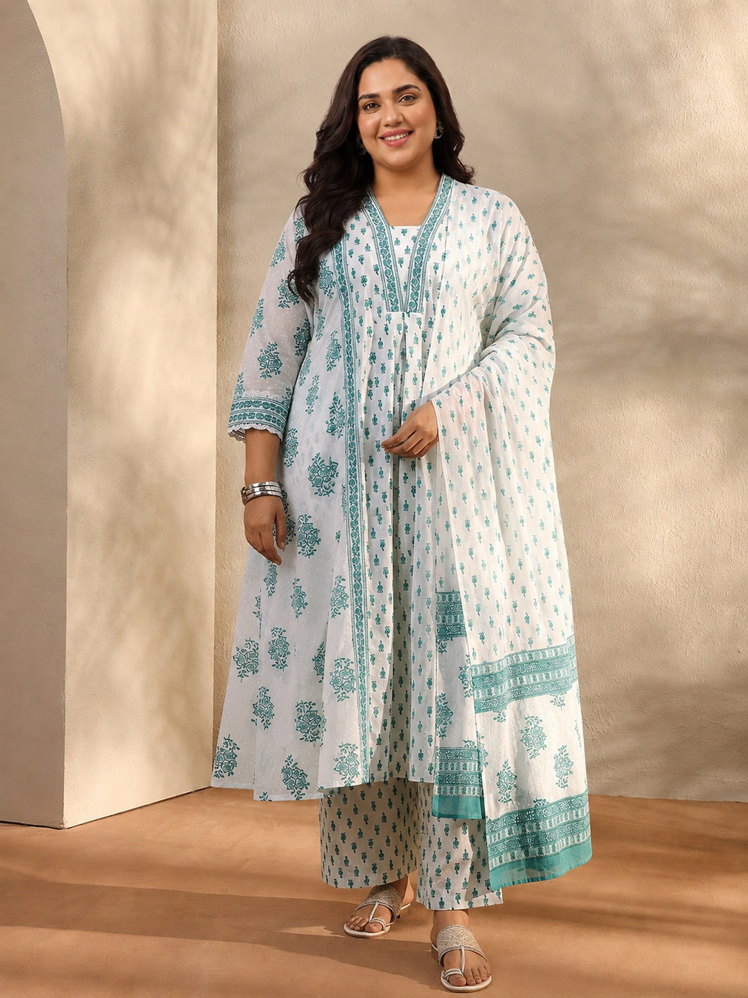 libas Plus Size White Floral Printed Cotton A-Line Suit Set With Dupatta-picture-23