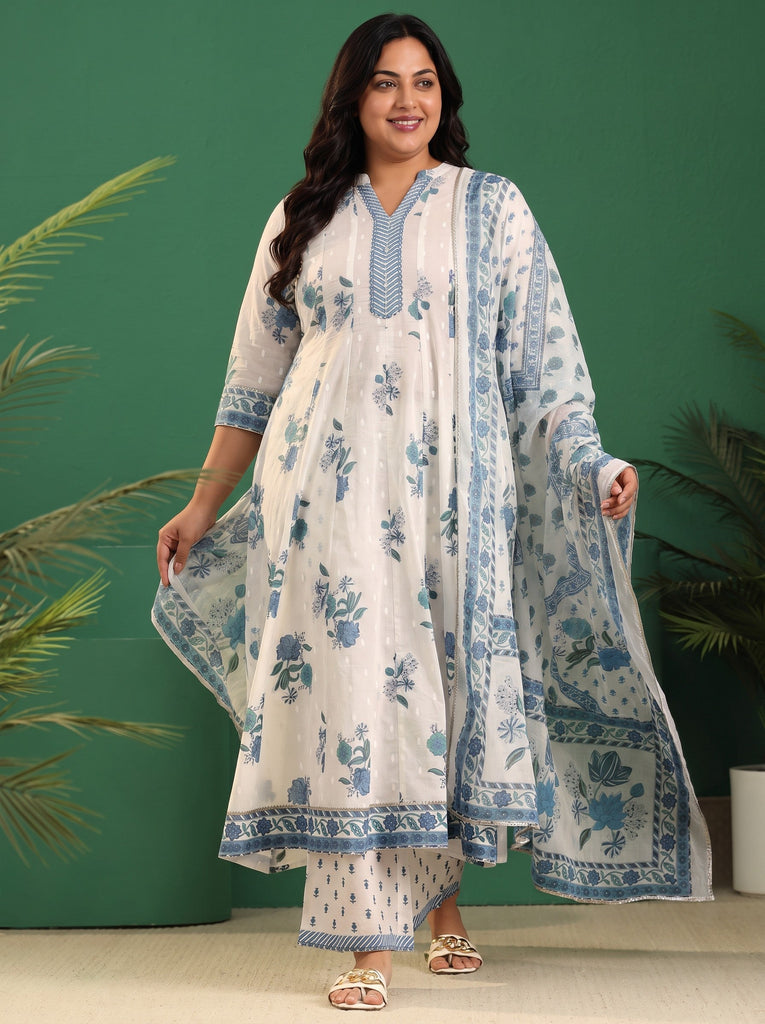 Plus Size White Floral Printed Cotton Anarakali Suit Set