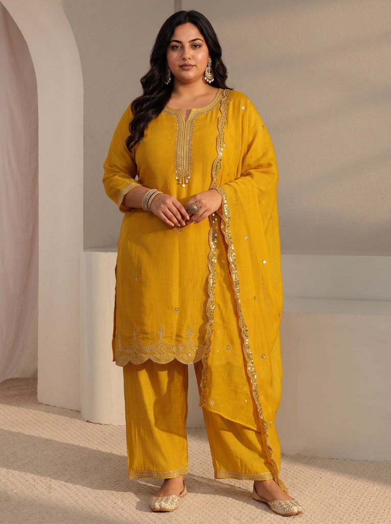 Plus Size Yellow Embellished Chanderi Silk Straight Suit Set With Dupatta