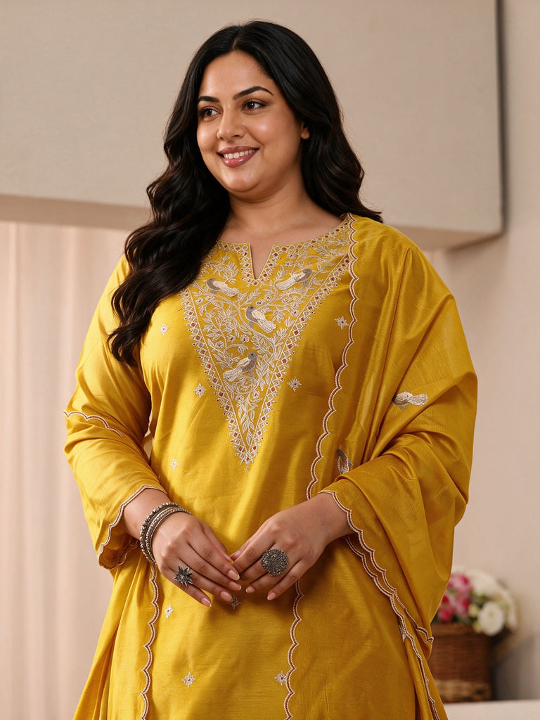 Plus Size Yellow Floral Embroidered Chanderi Silk Straight Suit Set