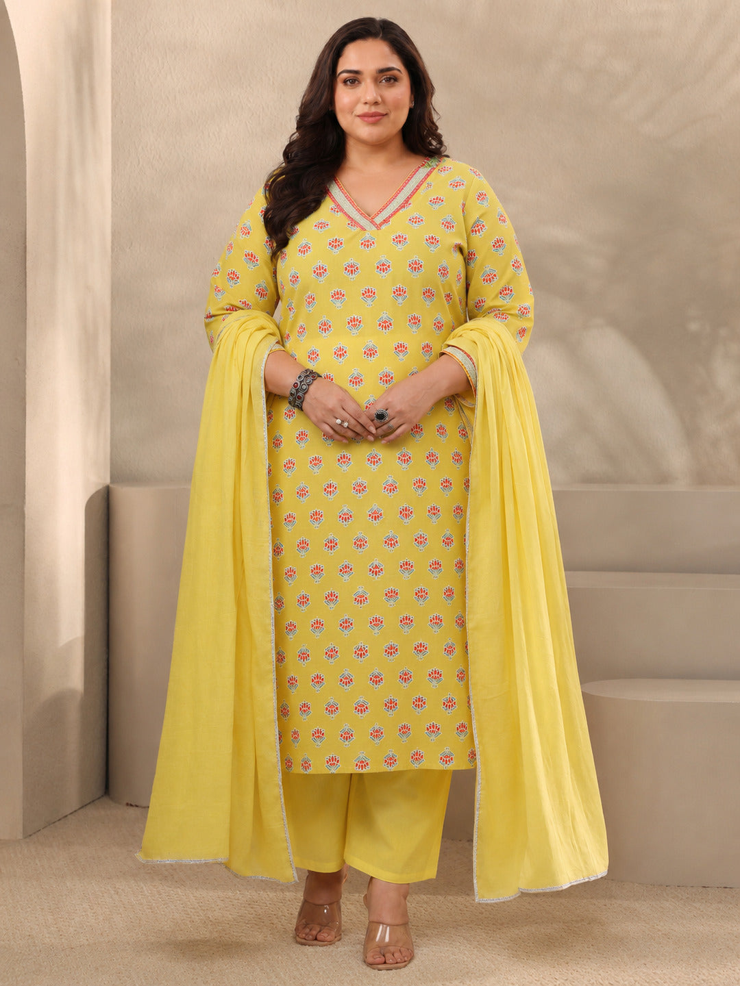 libas Plus Size Yellow Printed Cotton Straight Suit Sets With Dupatta-picture-54