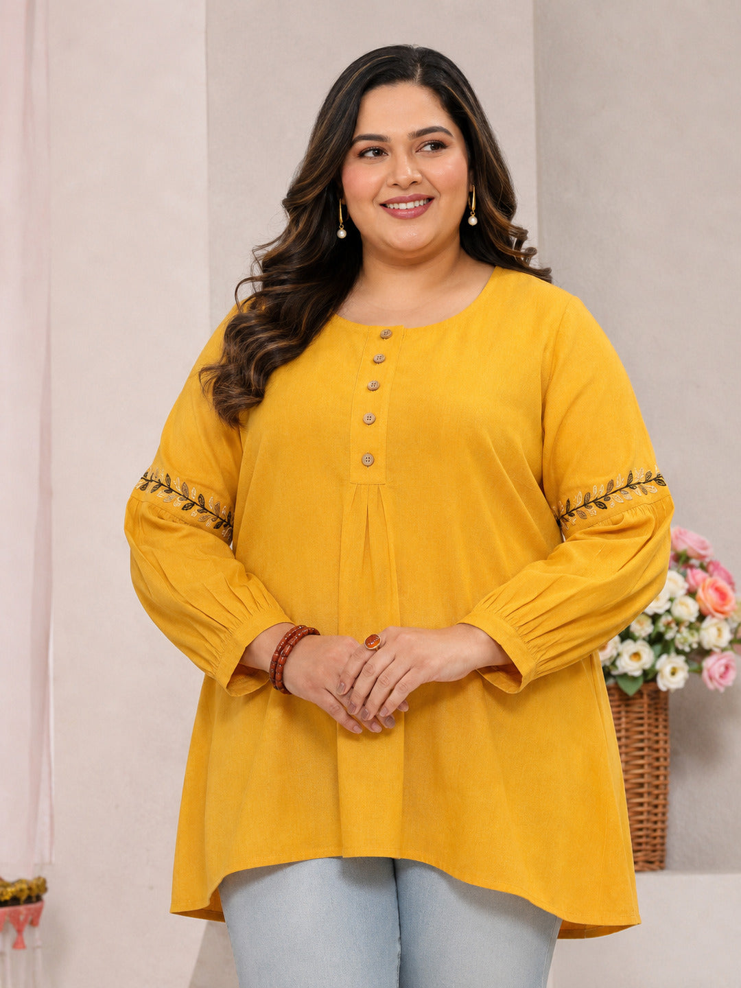 libas Plus Size Yellow Solid Cotton Straight Short Kurti-picture-34