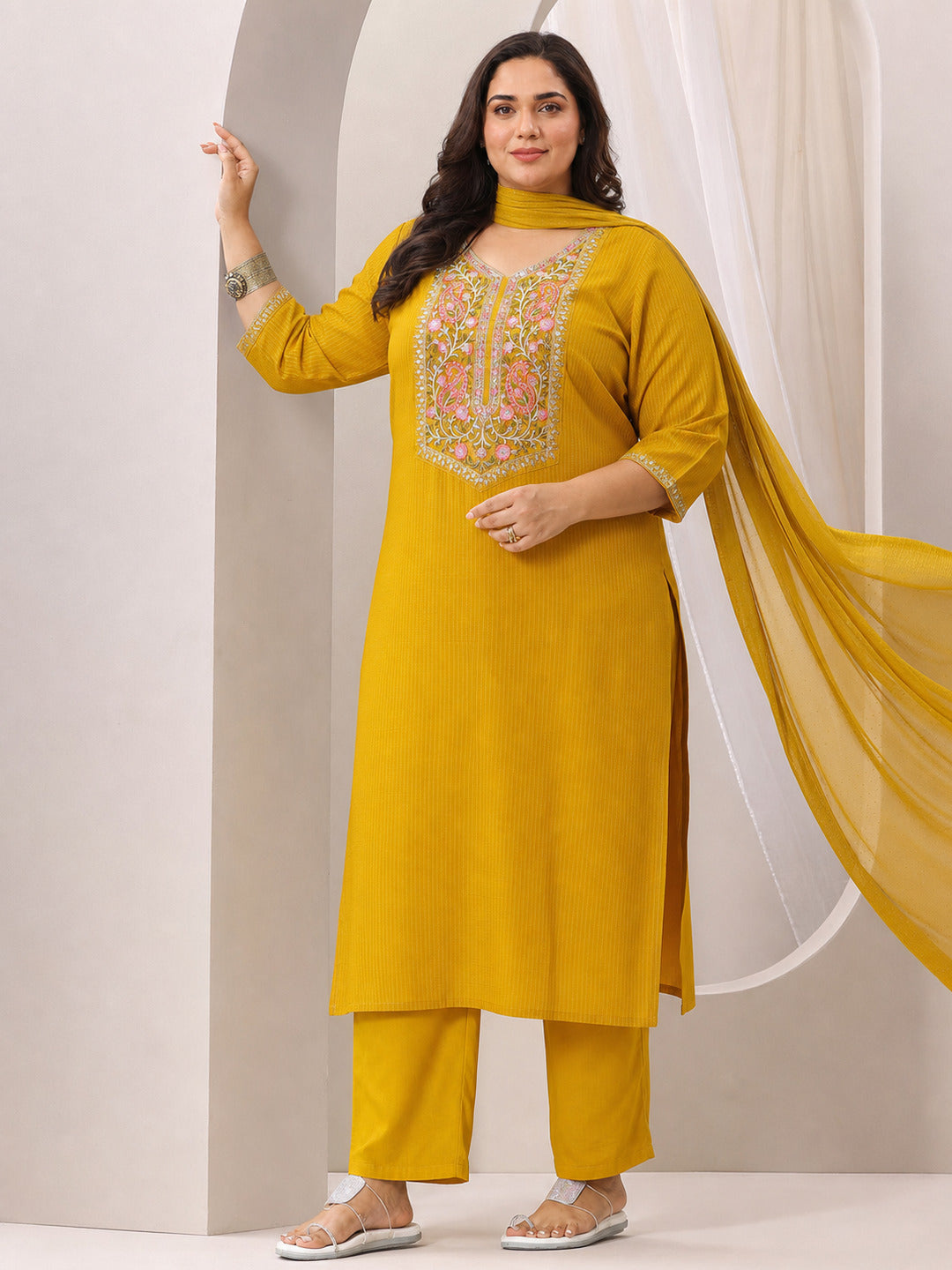 libas Plus Size Yellow Yoke Design Silk Blend Straight Suit Set With Dupatta-picture-57