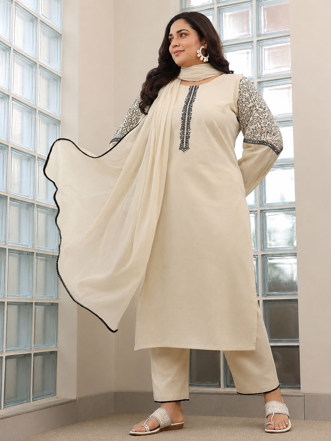 libas Plus Size Beige Solid Cotton Blend Straight Suit With Dupatta-picture-59