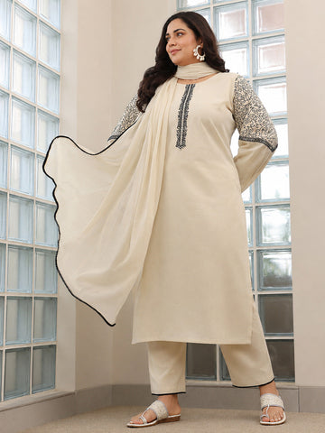 Plus Size Beige Solid Cotton Blend Straight Suit With Dupatta