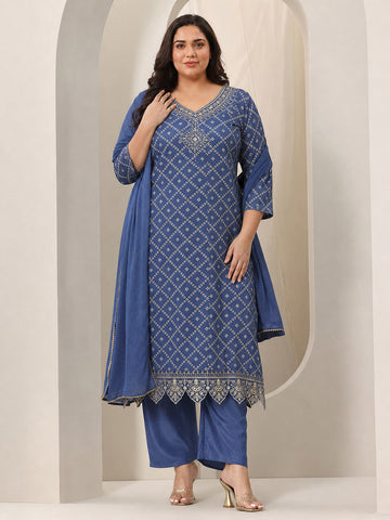 Plus Size Blue Printed Silk Blend Straight Suit Set With Dupatta