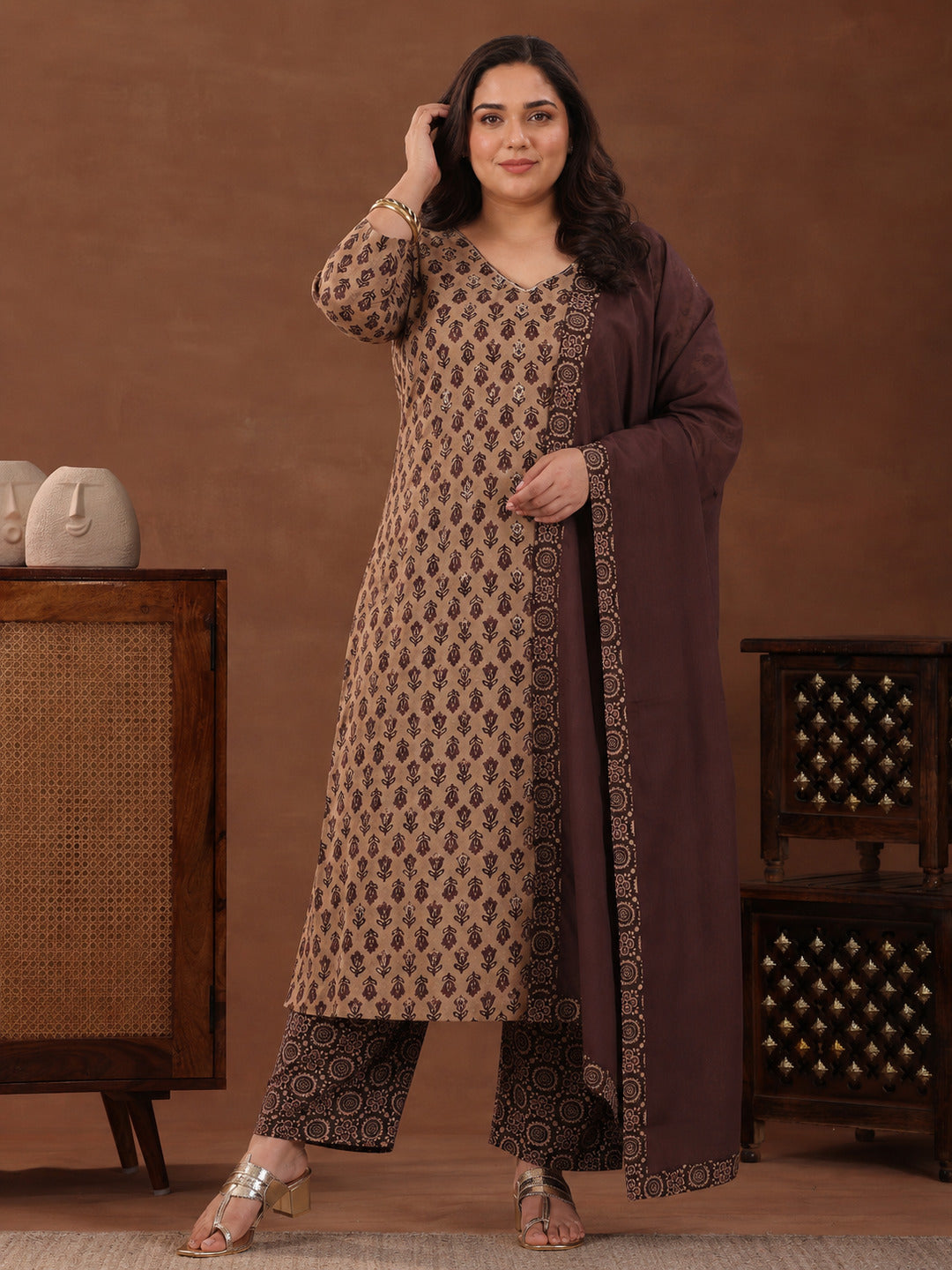 libas Plus Size Brown Printed Cotton Straight Suit With Dupatta-picture-12
