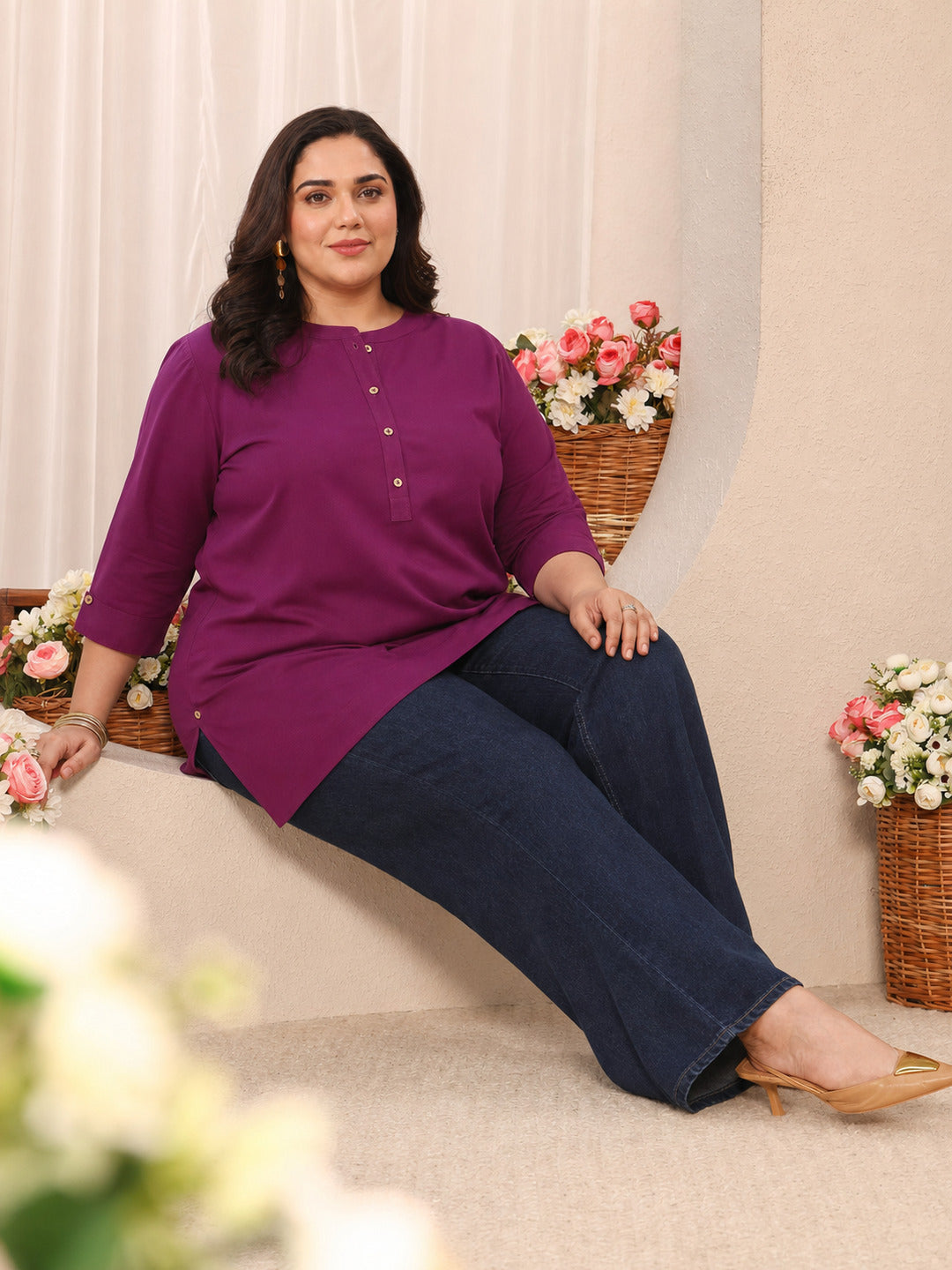 libas Plus Size Burgundy Solid Solid Cotton Straight Short Kurti-picture-30