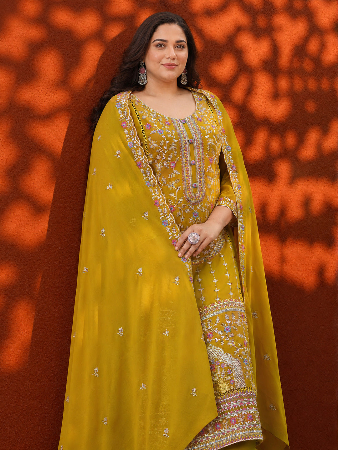 libas Plus Size Mustard Embroidered Georgette Straight Suit Set With Dupatta-picture-46