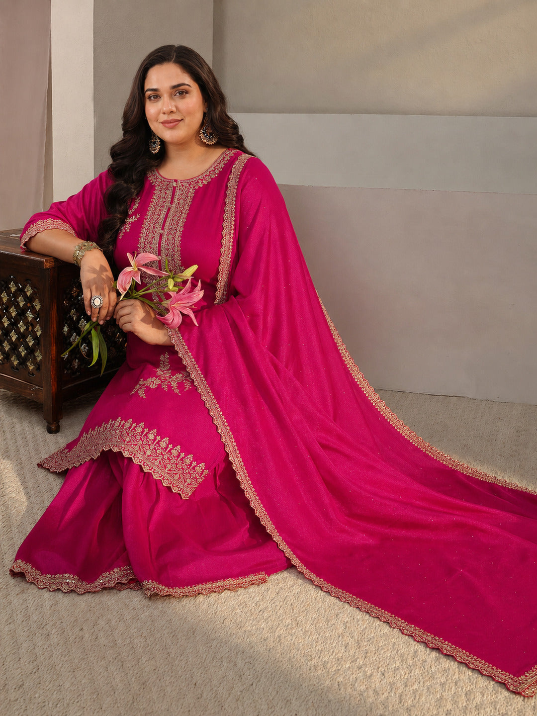  Plus Size Pink Floral Embroidered Chinon Sharara Suit Set With Dupatta 