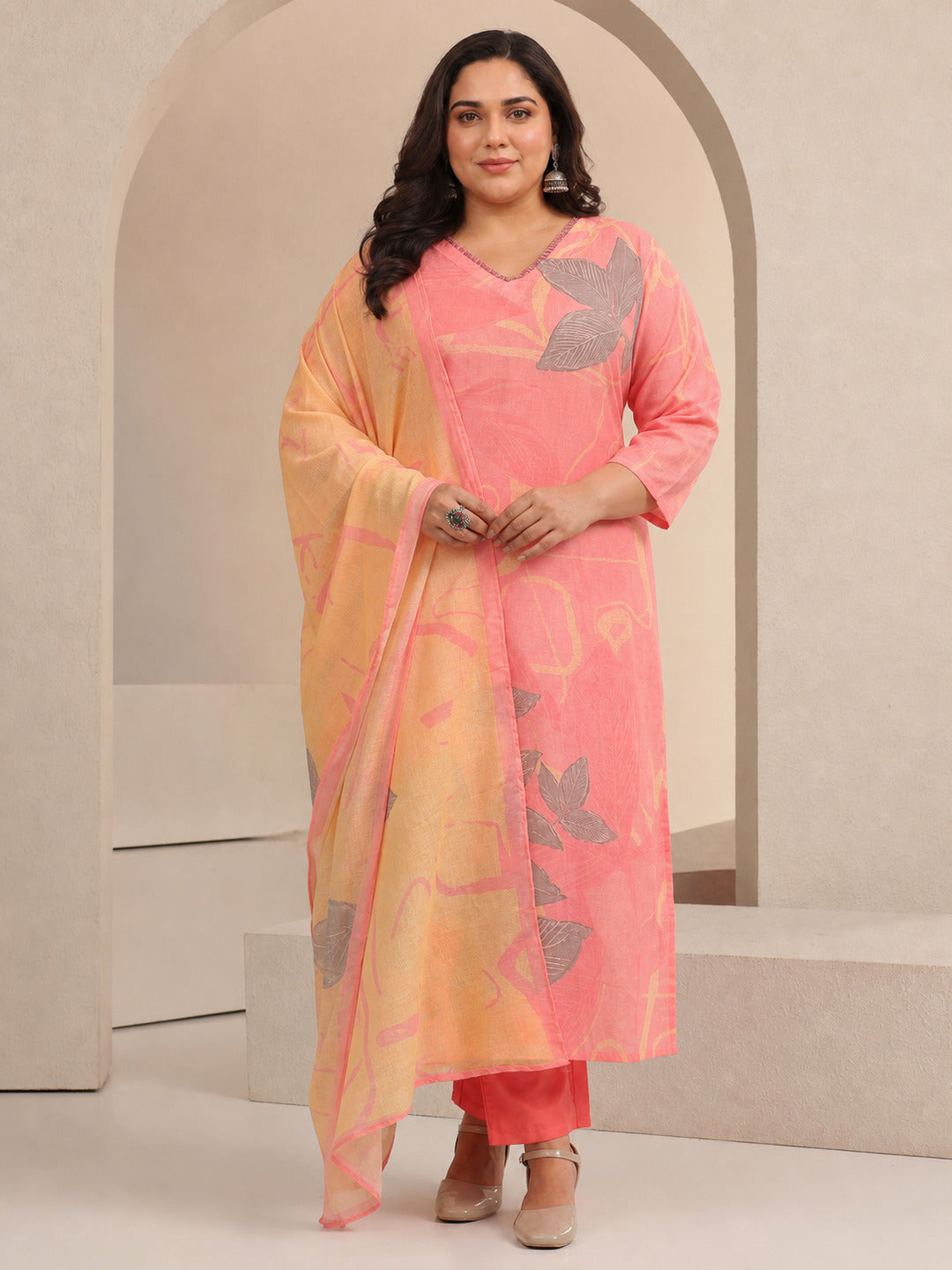 libas Plus Size Pink Floral Printed Cotton Straight Suit Set-picture-27
