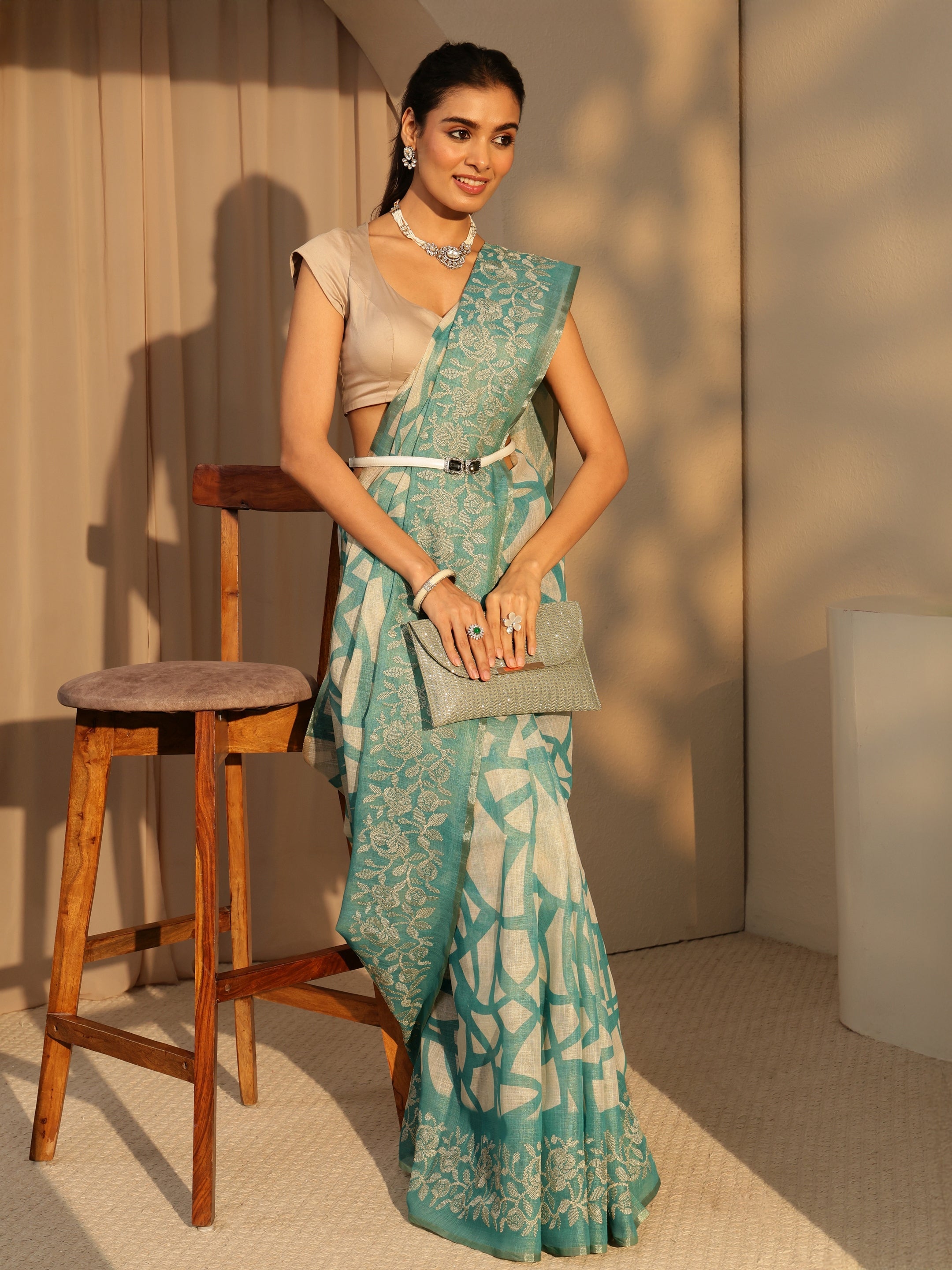 Powder Blue Abstract Printed Cotton Blend Saree-image-42