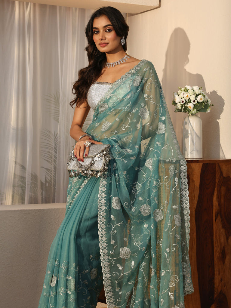 Libas Powder Blue Floral Embroidered Chiffon Saree