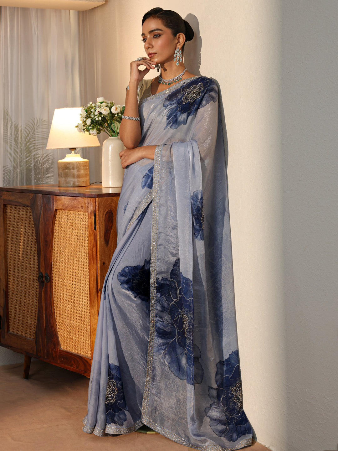  Powder Blue Floral Printed Tissue Saree 