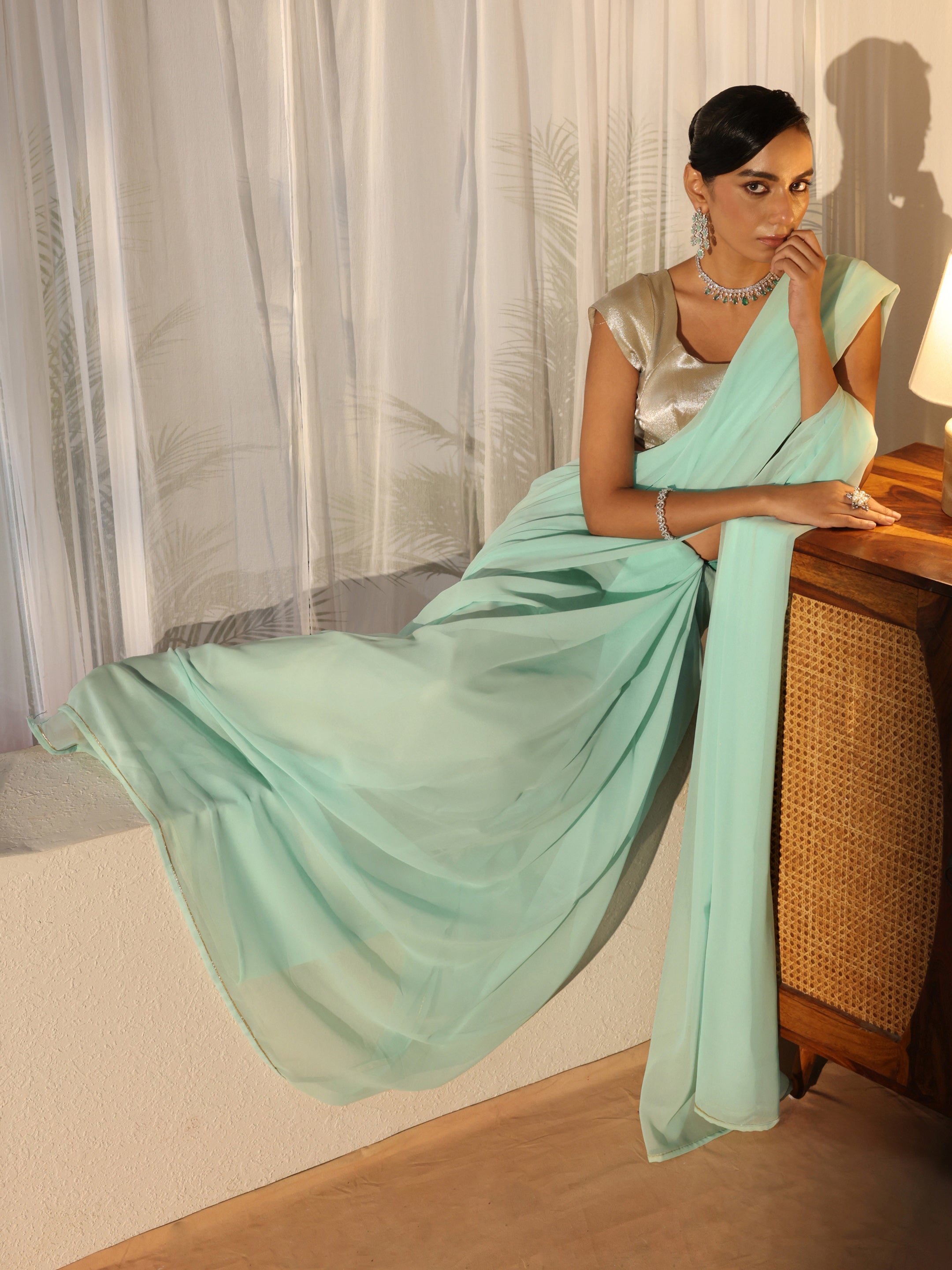 Libas Powder Blue Georgette Pre Draped Saree-picture-18