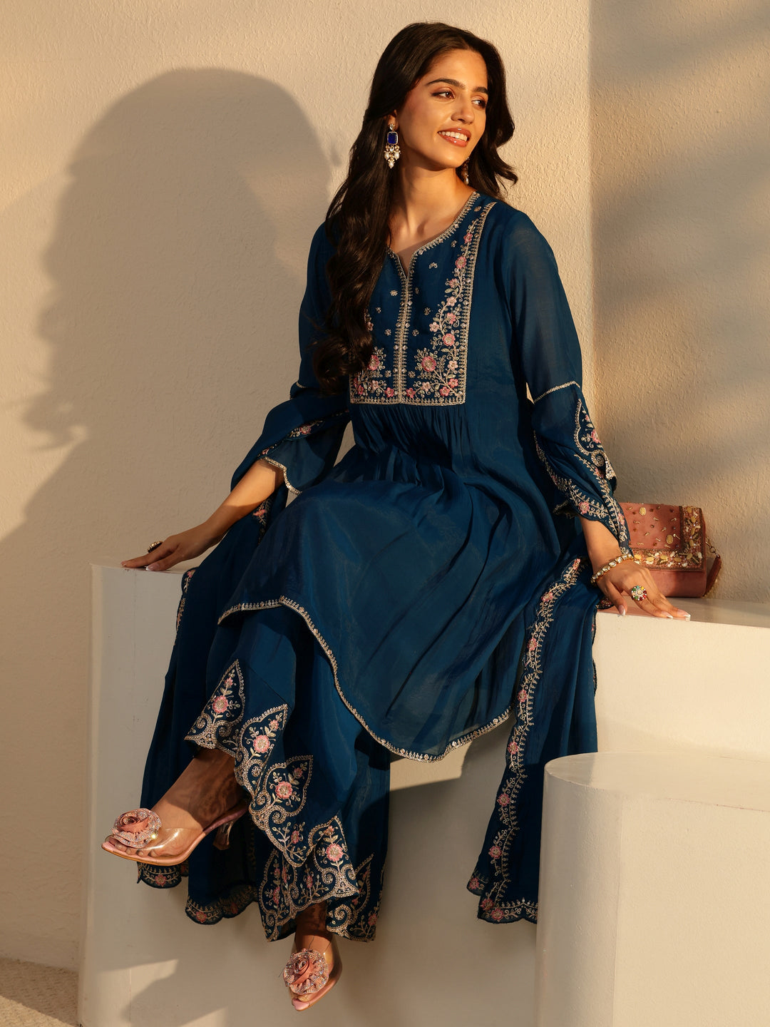  Prussian Blue Embroidered Chanderi Cotton Sharara Suit Set 
