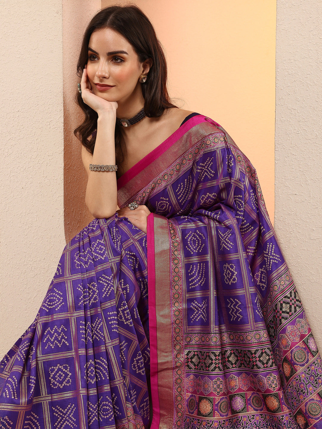 Purple Bandhani Printed Sarees With Unstitched Blouse Piece