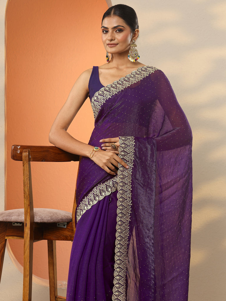 Libas Purple Embellished Organza Saree With Unstitched Blouse Piece