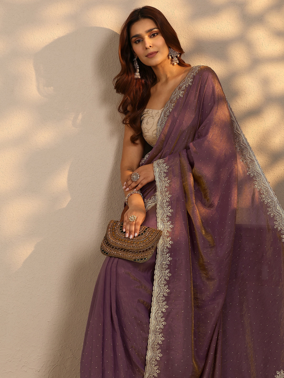 Purple Embellished Silk Blend Saree With Unstitched Blouse Piece
