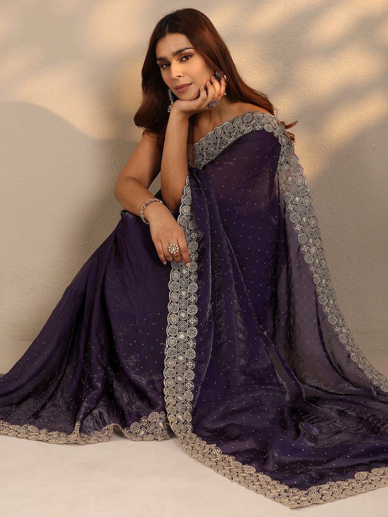 Libas Purple Embellished Silk Blend Saree With Unstitched Blouse Piece
