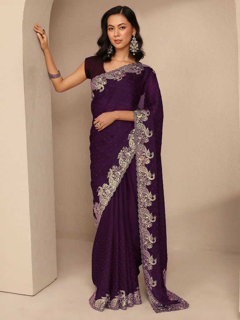 Libas Purple Embellished Silk Blend Saree With Unstitched Blouse Piece