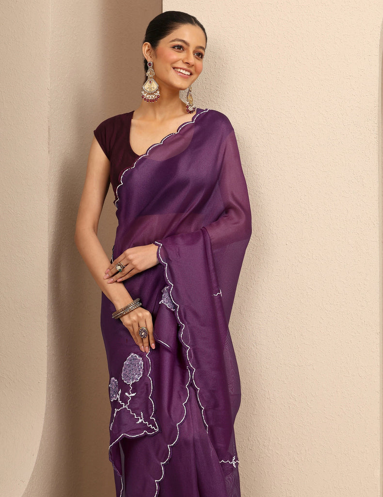 Libas Purple Embellished Silk Blend Saree With Unstitched Blouse Piece