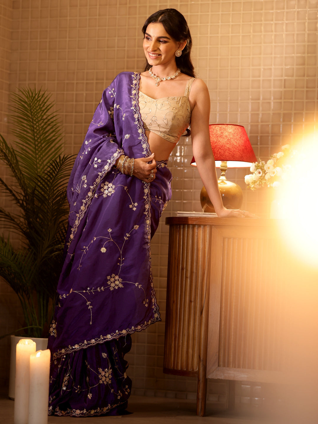  Purple Embellished Silk Blend Saree 