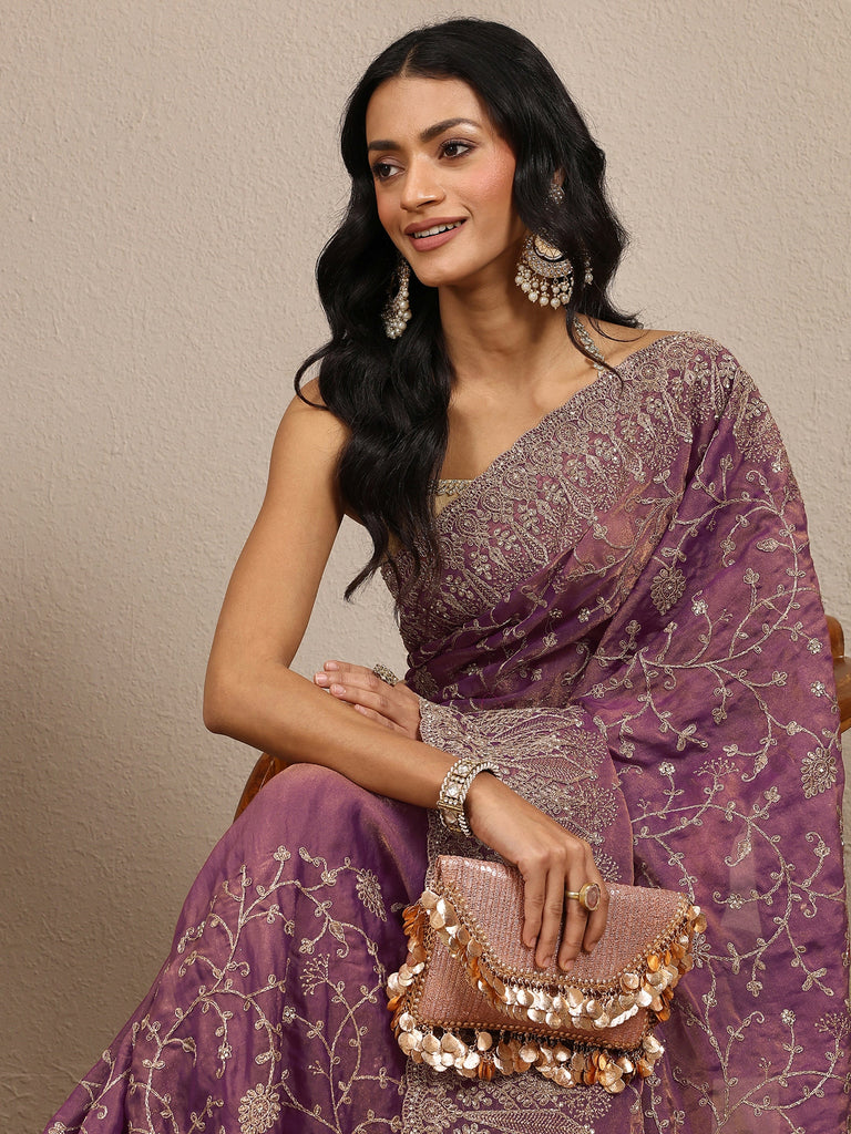 Libas Purple Embroidered Silk Blend Saree With Unstitched Blouse Piece