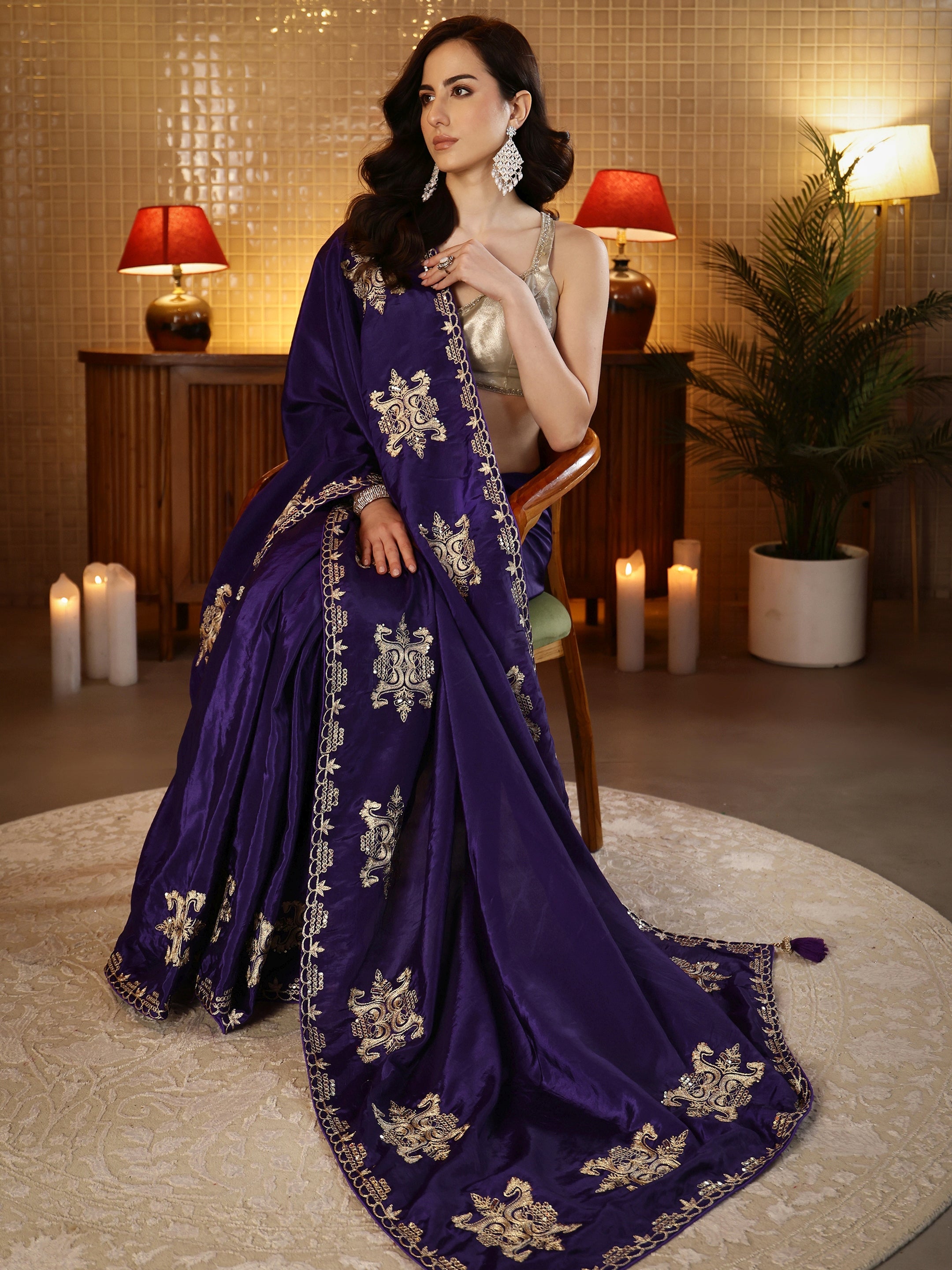 libas Purple Ethnic Embroidered Silk Blend Saree-picture-40