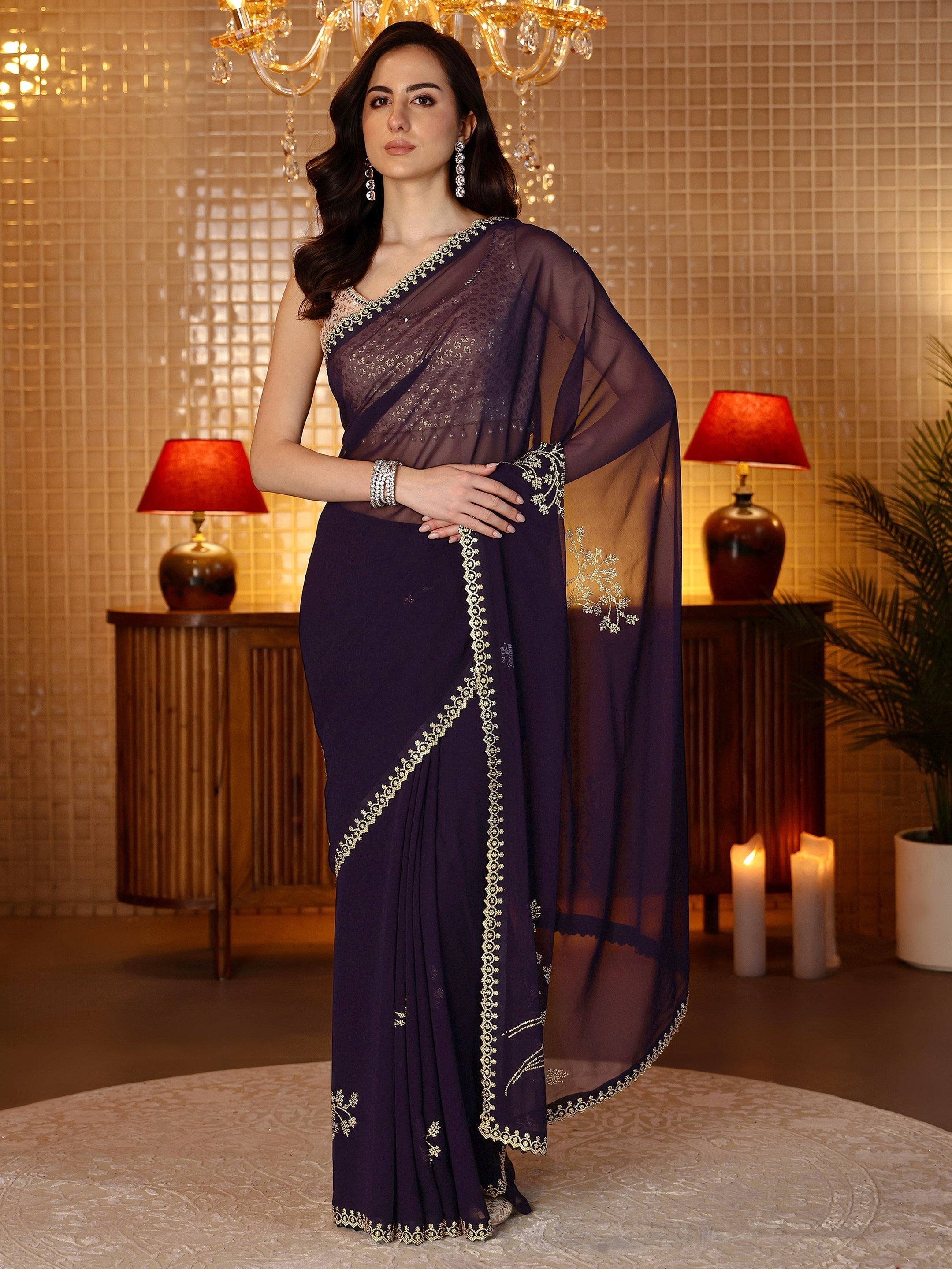 Purple Floral Embellished Georgette Saree-image-25