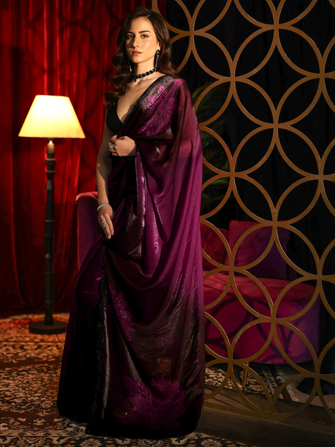  Purple Floral Embellished Silk Blend Saree 