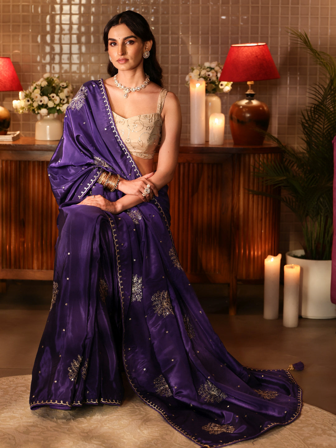  Libas Purple Floral Embroidered Silk Blend Saree 