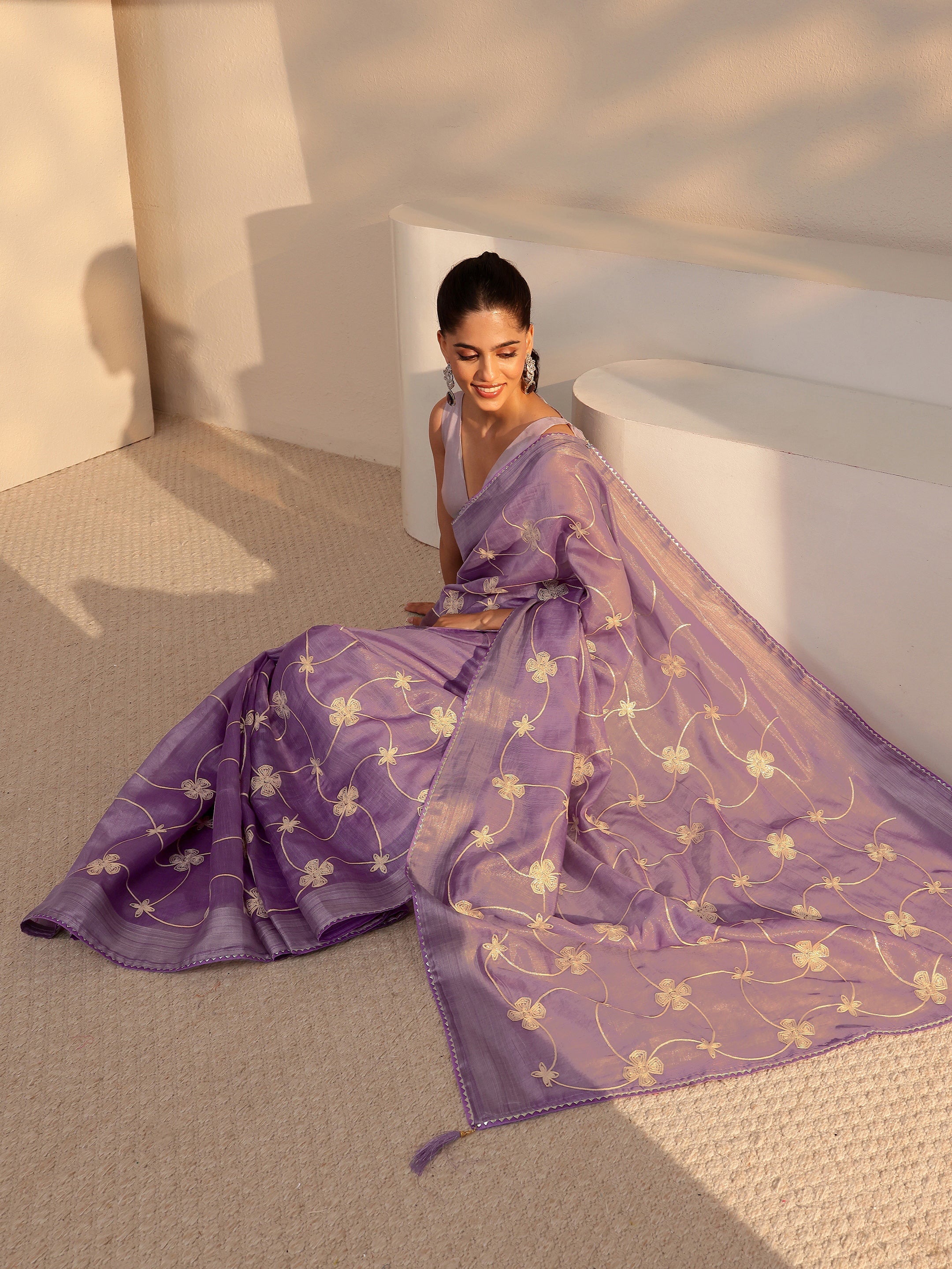 Purple Floral Embroidered Tissue Saree-image-24