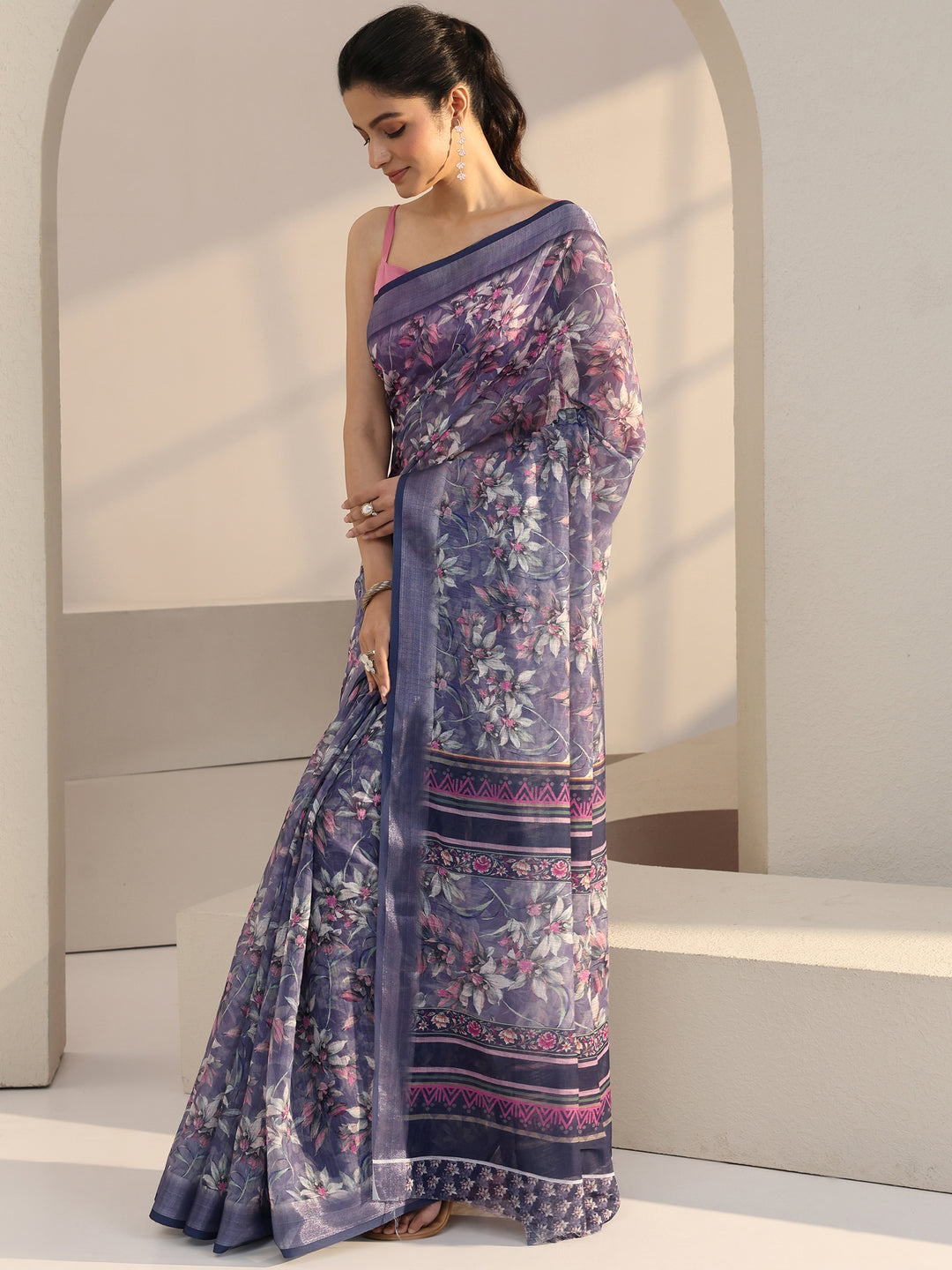  Sunset Purple Floral Print Cotton Blend Saree 