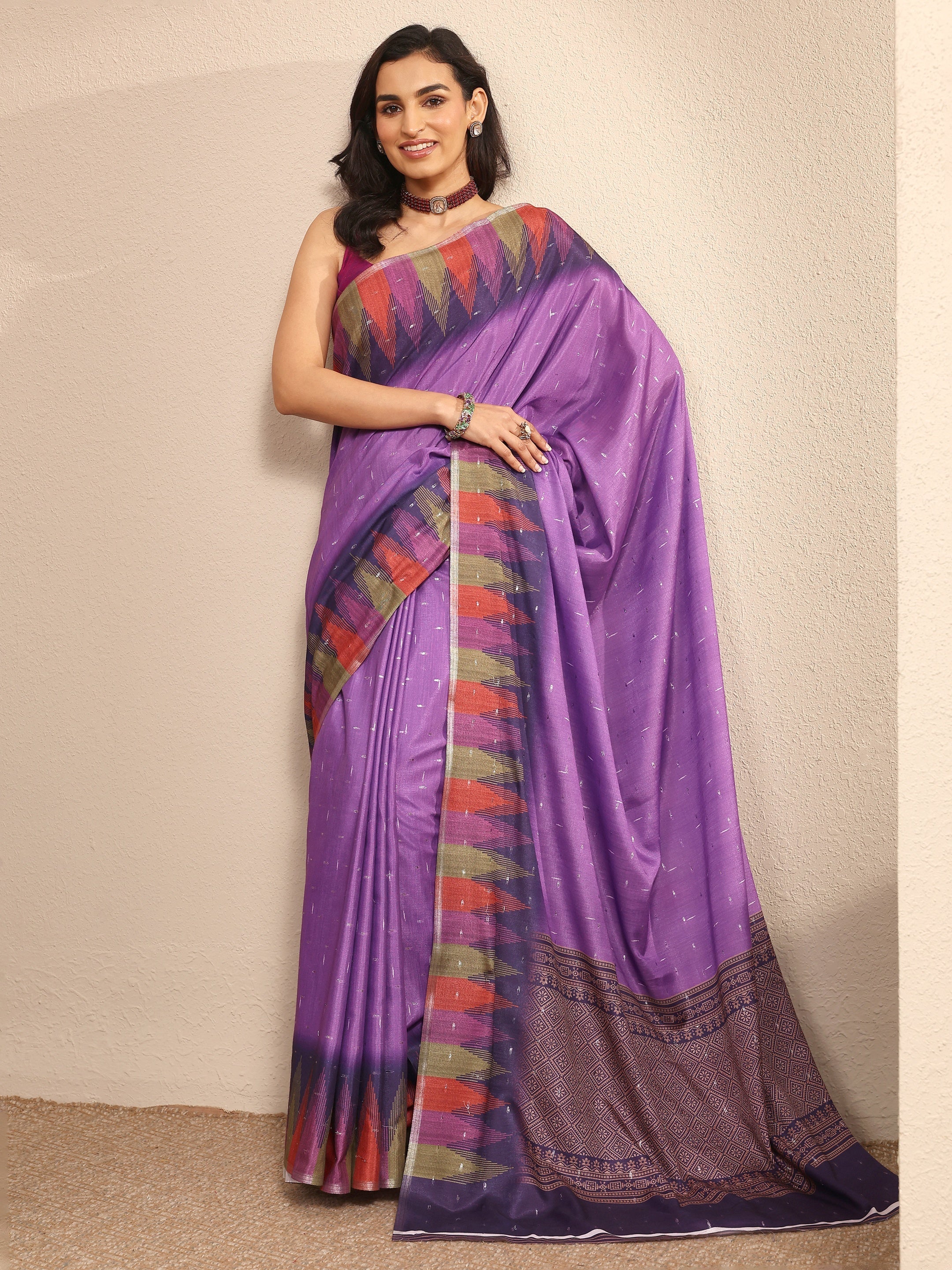 libas Purple Ikat Woven Design Silk Blend Saree With Unstitched Blouse Piece-picture-23