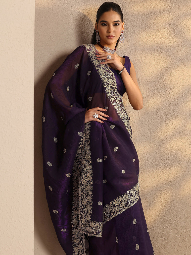 Libas Purple Paisley Embroidered Silk Blend Saree With Unstitched Blouse Piece