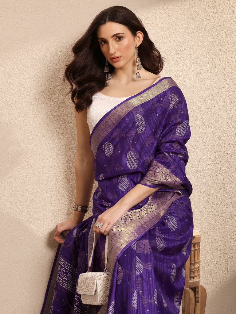 Libas Purple Paisley Woven Design Banarsi Silk Blend Saree With Unstitched Blouse Piece