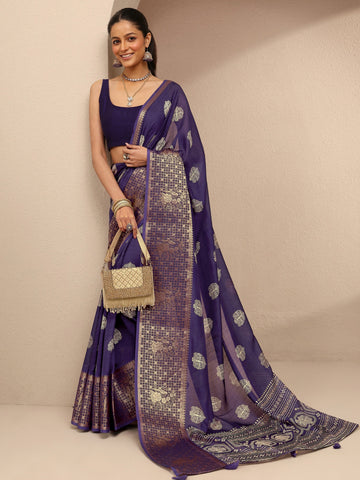 Purple Printed Silk Blend Saree With Unstitched Blouse Piece