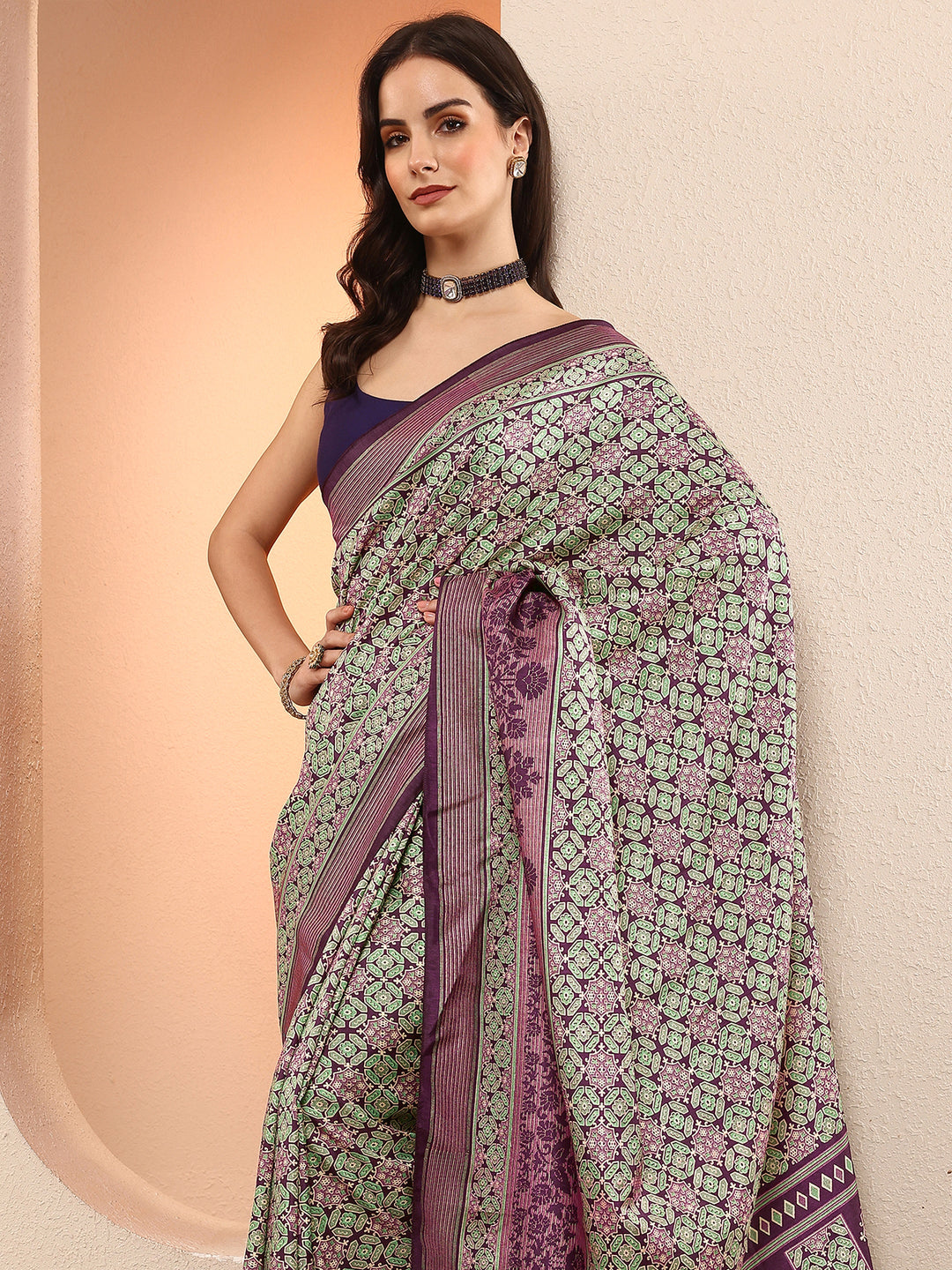 Purple Printed Silk Blend Sarees With Unstitched Blouse Piece