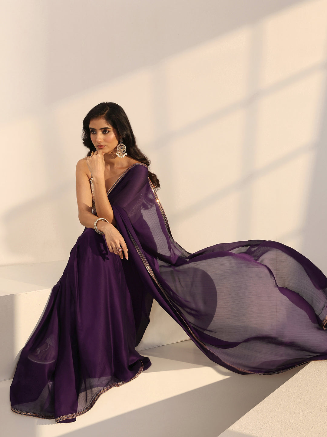  Dark Purple Chiffon Pre Draped Saree 