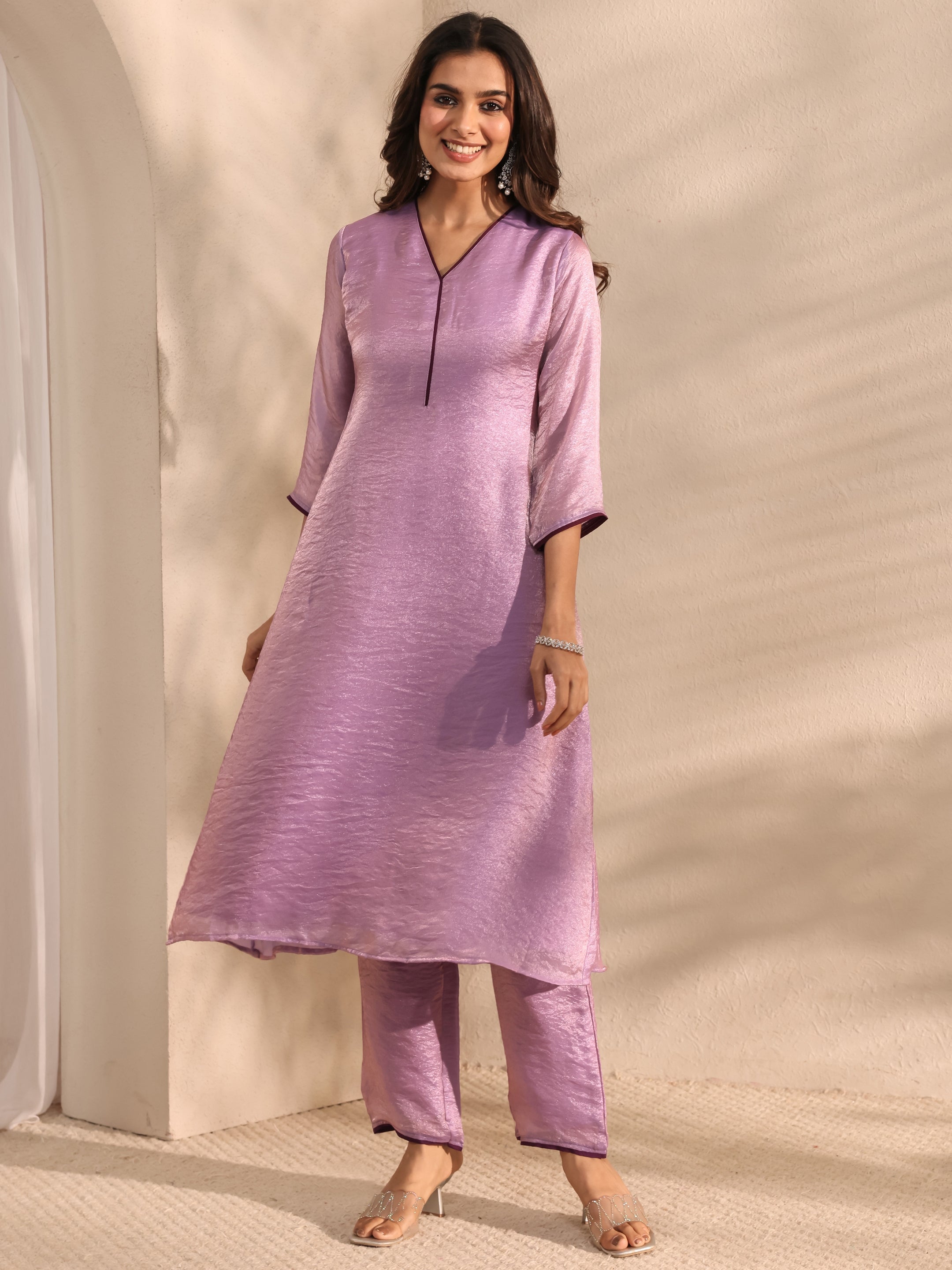 Purple Solid Silk Blend A-Line Kurta Set-image-13