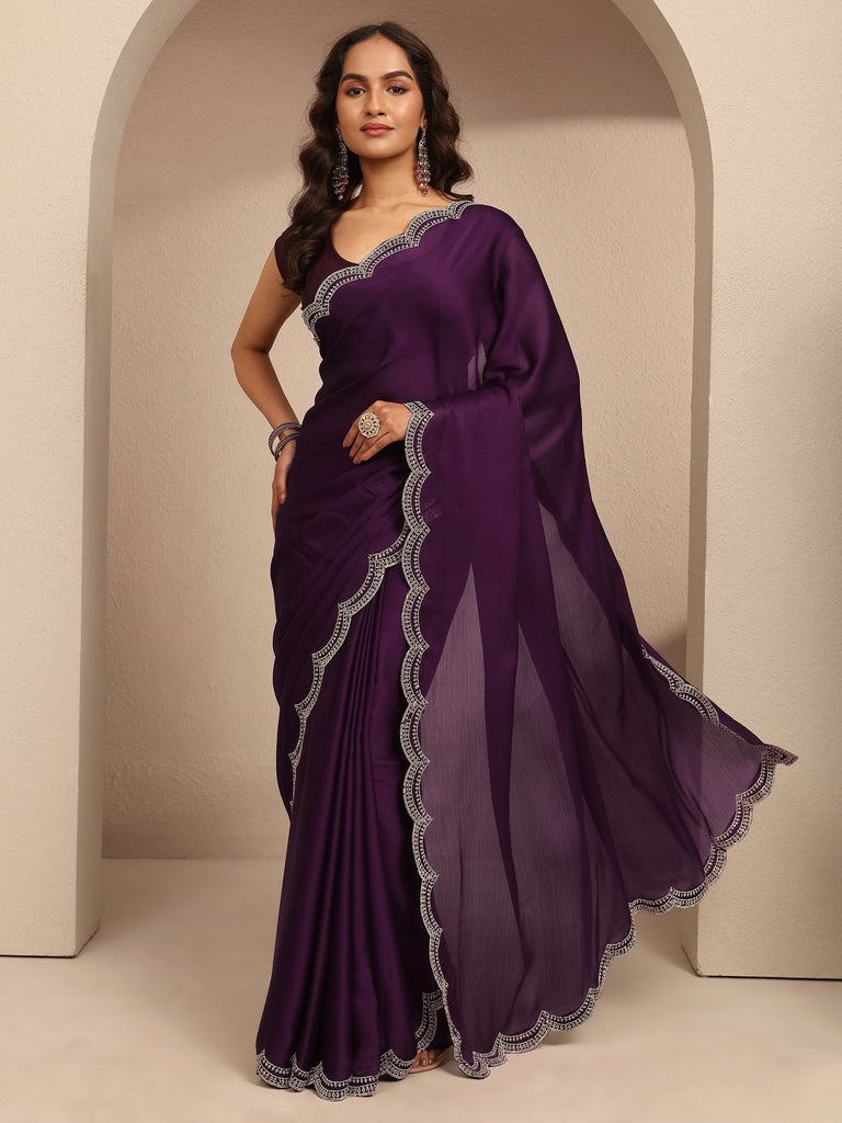 Libas Purple Solid Silk Blend Saree With Unstitched Blouse Piece