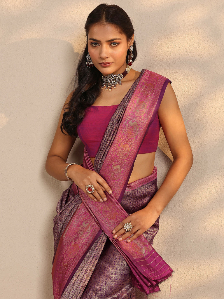 Libas Purple Woven Design Silk Blend Saree With Unstitched Blouse Piece