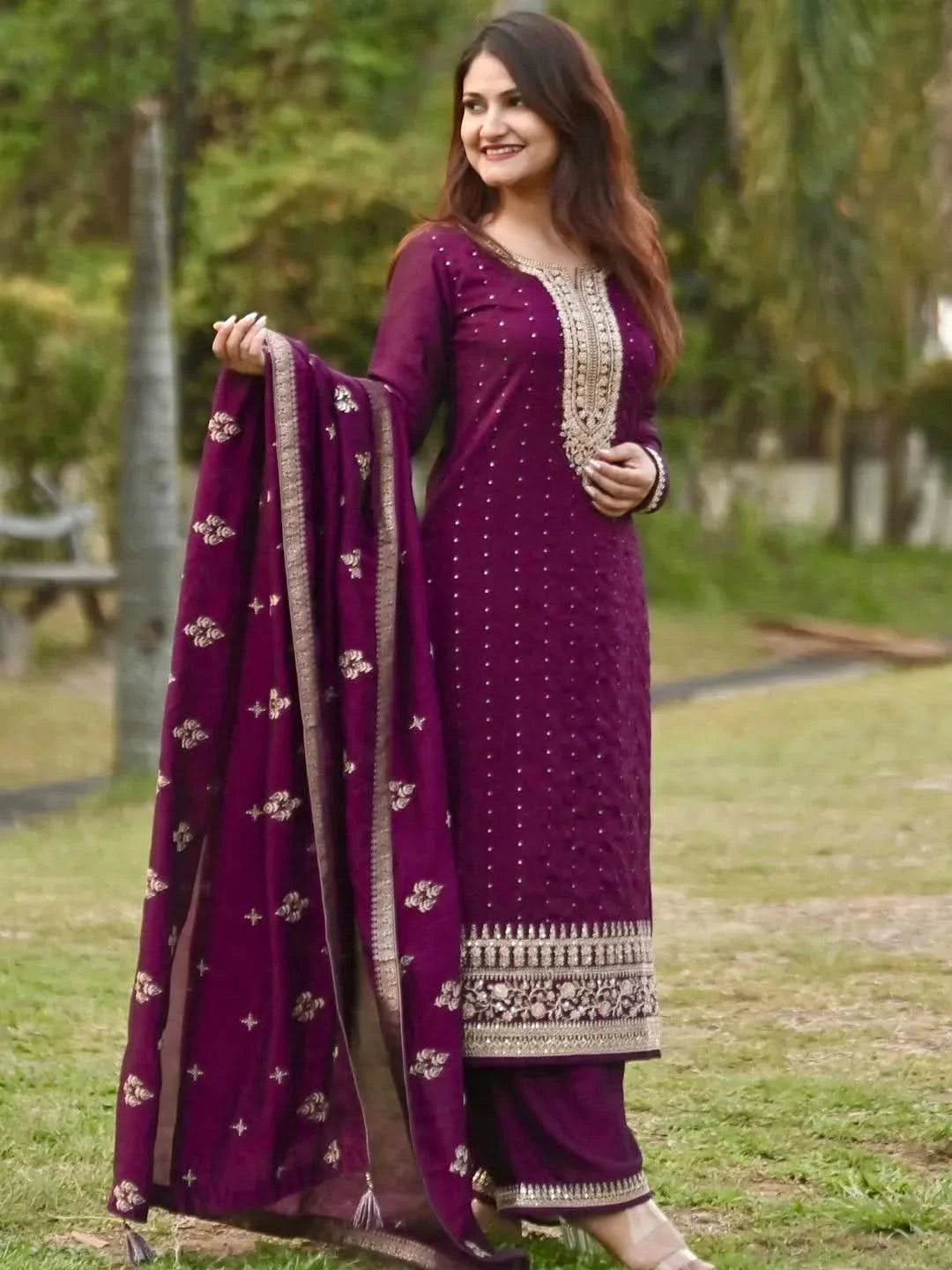 

Purple Embroidered Silk Blend Pakistani Suit