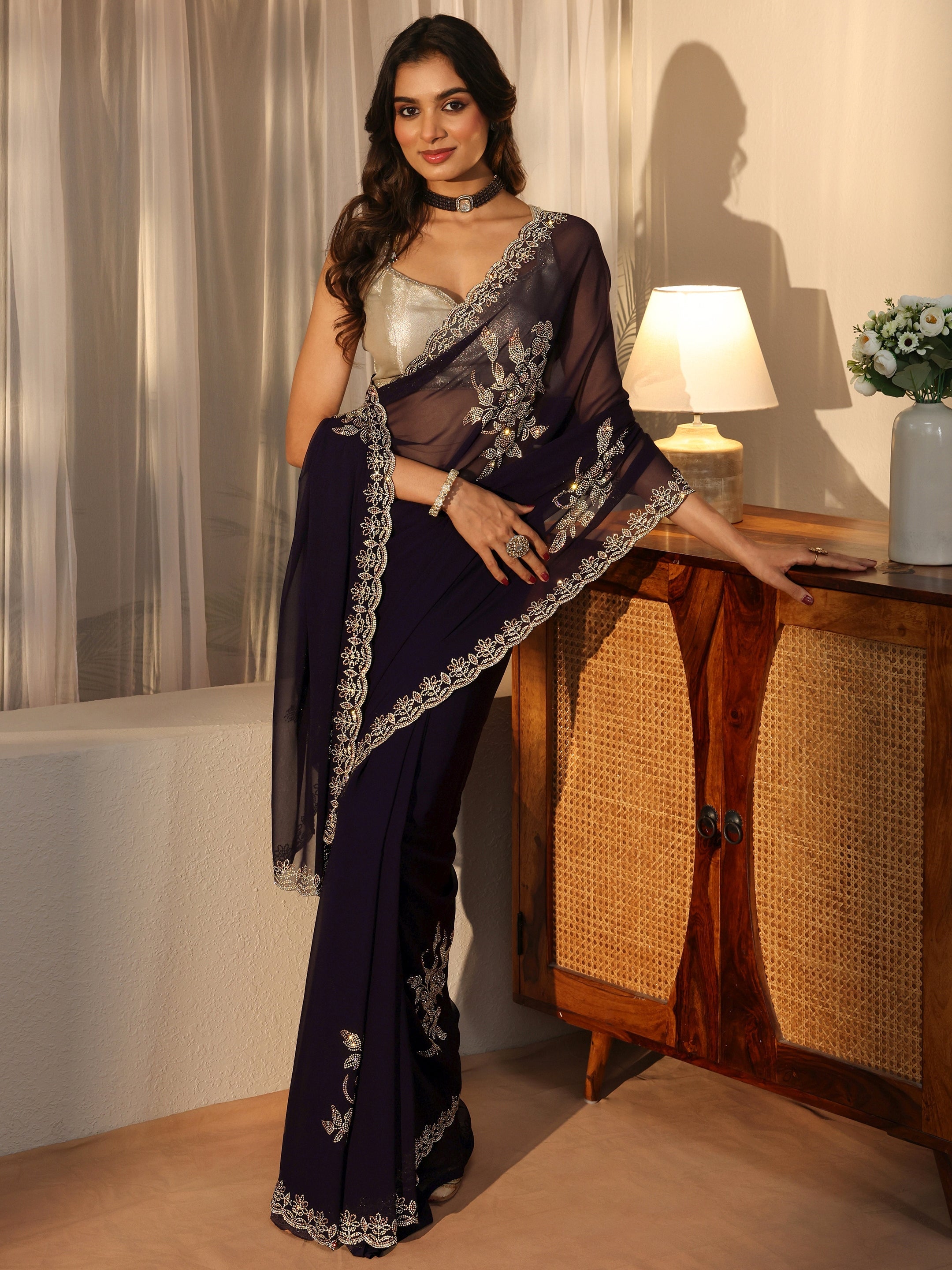 Purple Floral Embellished Georgette Saree-image-42