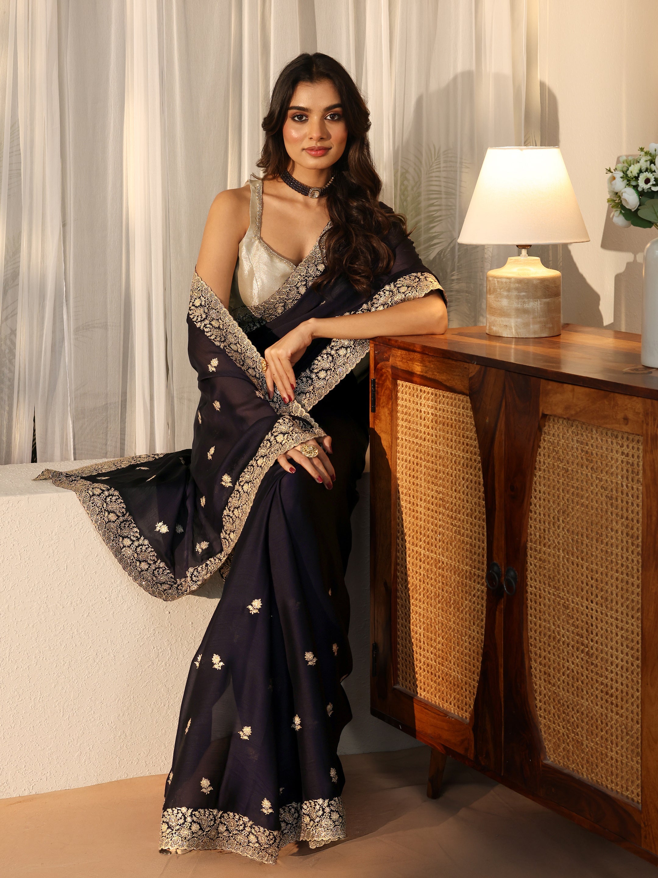 Libas Purple Floral Embroidered Chiffon Saree-picture-44
