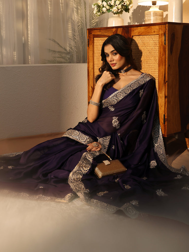 Libas Purple Floral Embroidered Chiffon Saree